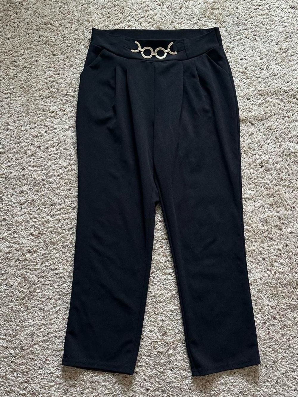 Mia Rose Women’s Fashion Casual Pants Gold Chain Detail Pleated Black Pants XL